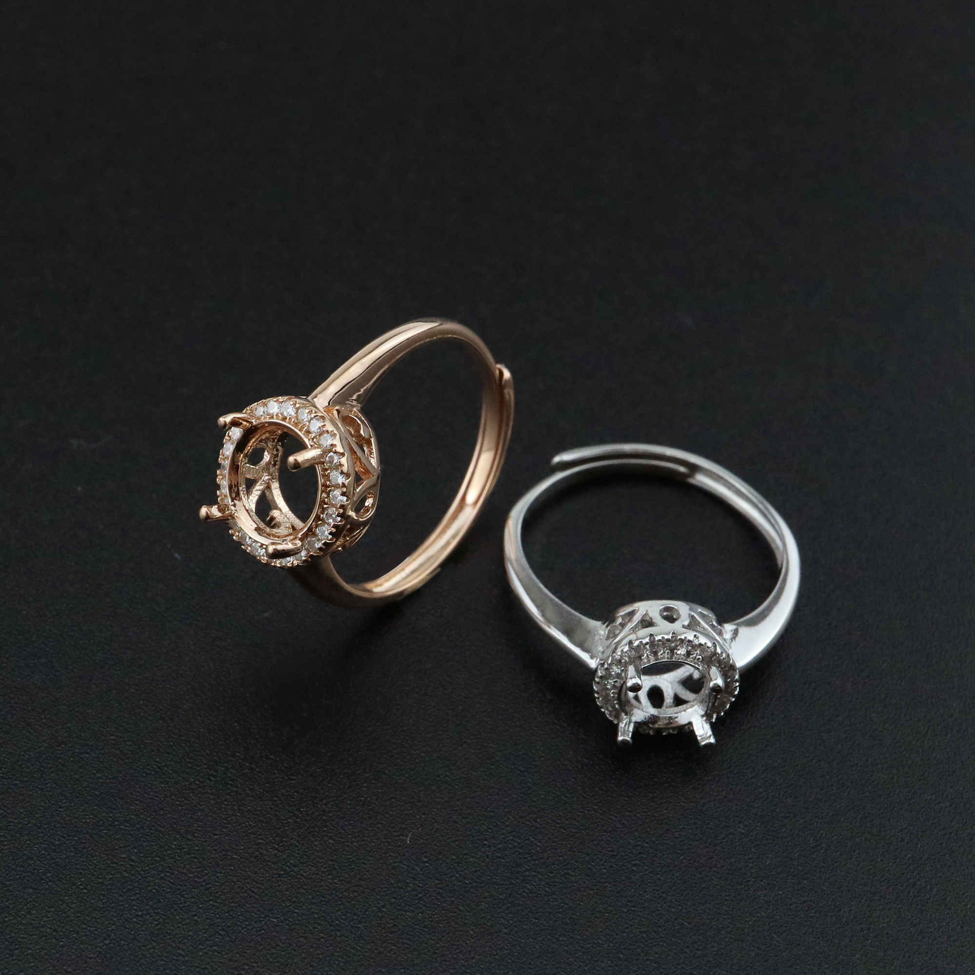 1Pcs 6.5-9MM Halo Round Prong Bezel Rose Gold Plated Solid 925 Sterling Silver Adjustable Ring Settings for Moissanite Gemstone DIY Supplies 1210054 - Click Image to Close